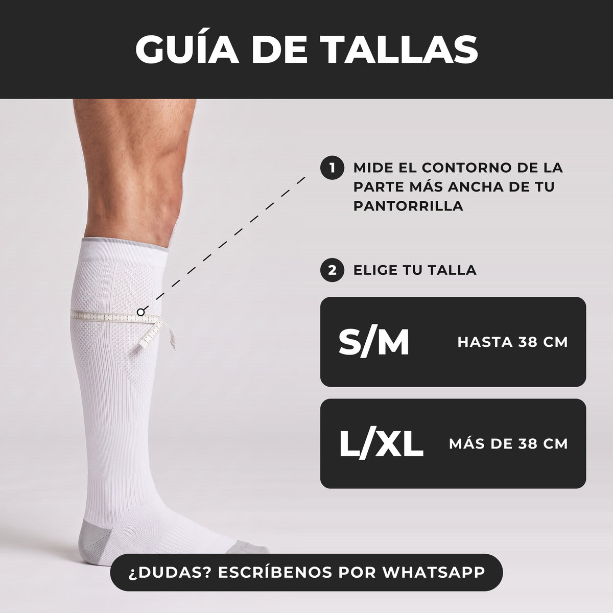 Guía de tallas de la media de compresión deportiva 15-20 mmHg blanca: S/M hasta 38 cm de pantorrilla, L/XL más de 38 cm