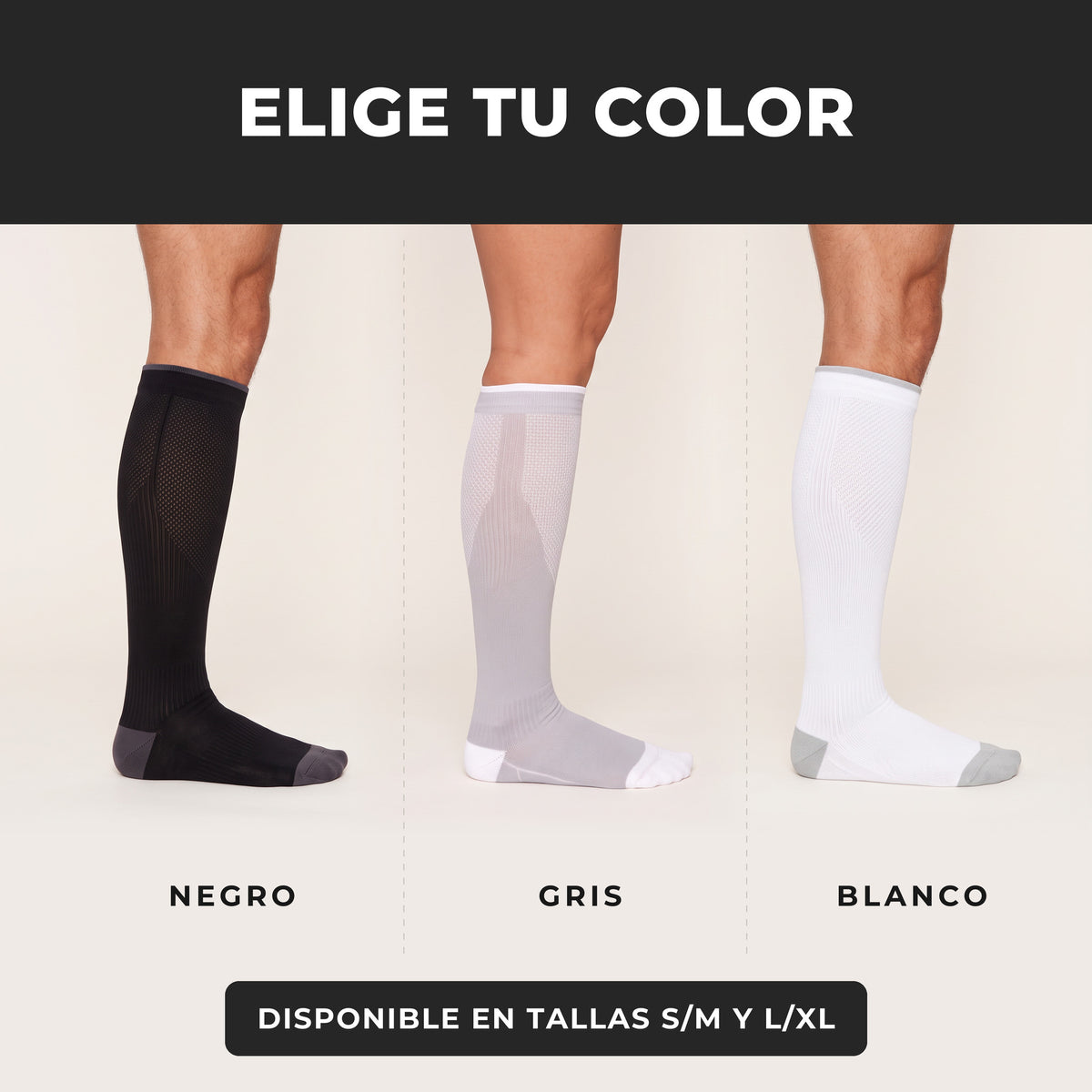 Media de compresión deportiva 15-20 mmHg en negro, gris y blanco