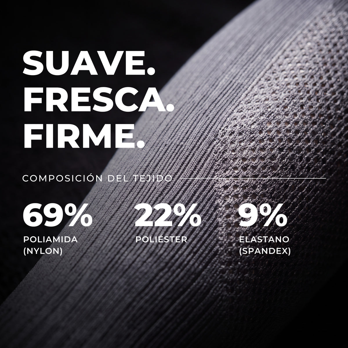 Media de compresión deportiva 15-20 mmHg gris: 69% poliamida, 22% poliéster, 9% elastano