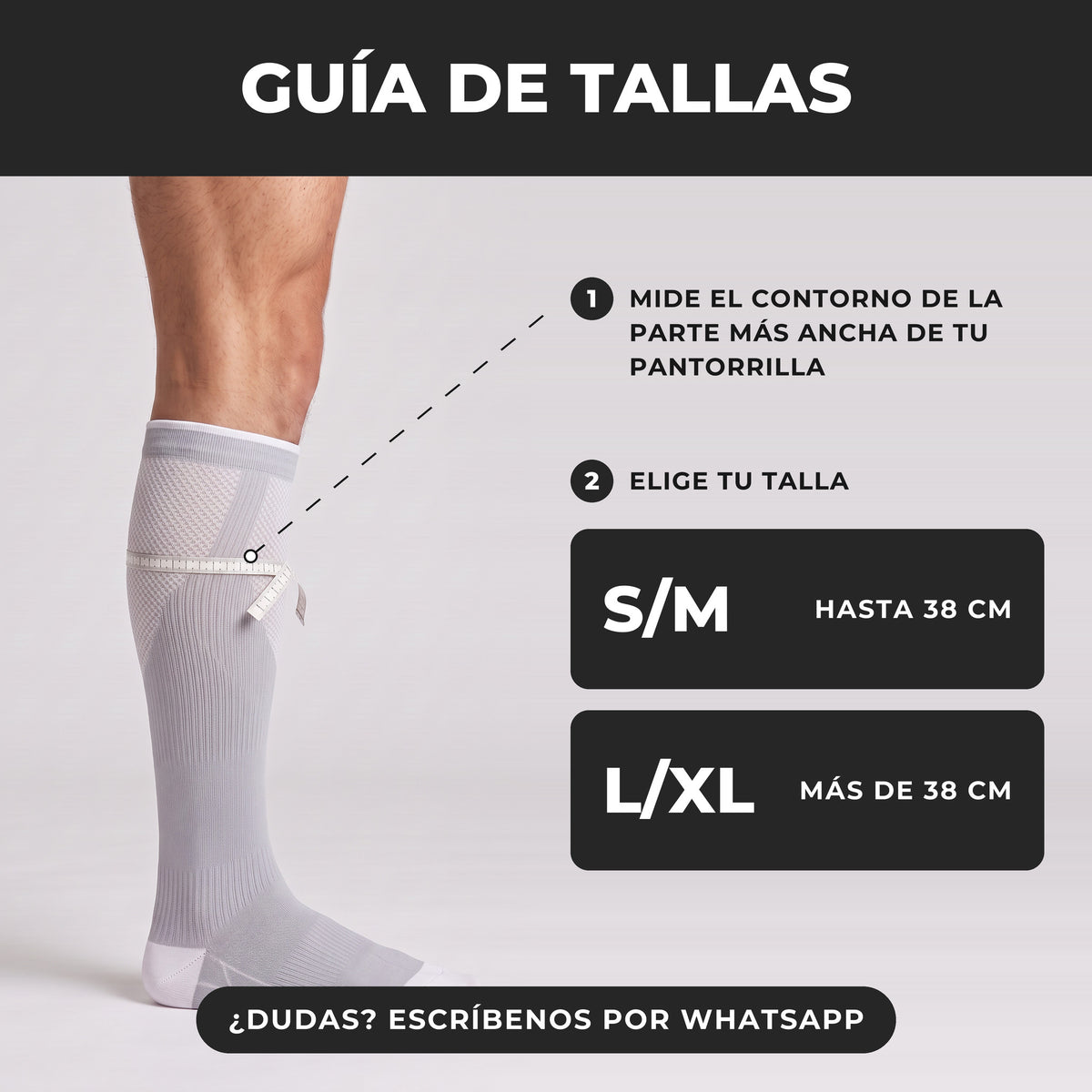 Guía de tallas de la media de compresión deportiva 15-20 mmHg gris: S/M hasta 38 cm de pantorrilla, L/XL más de 38 cm