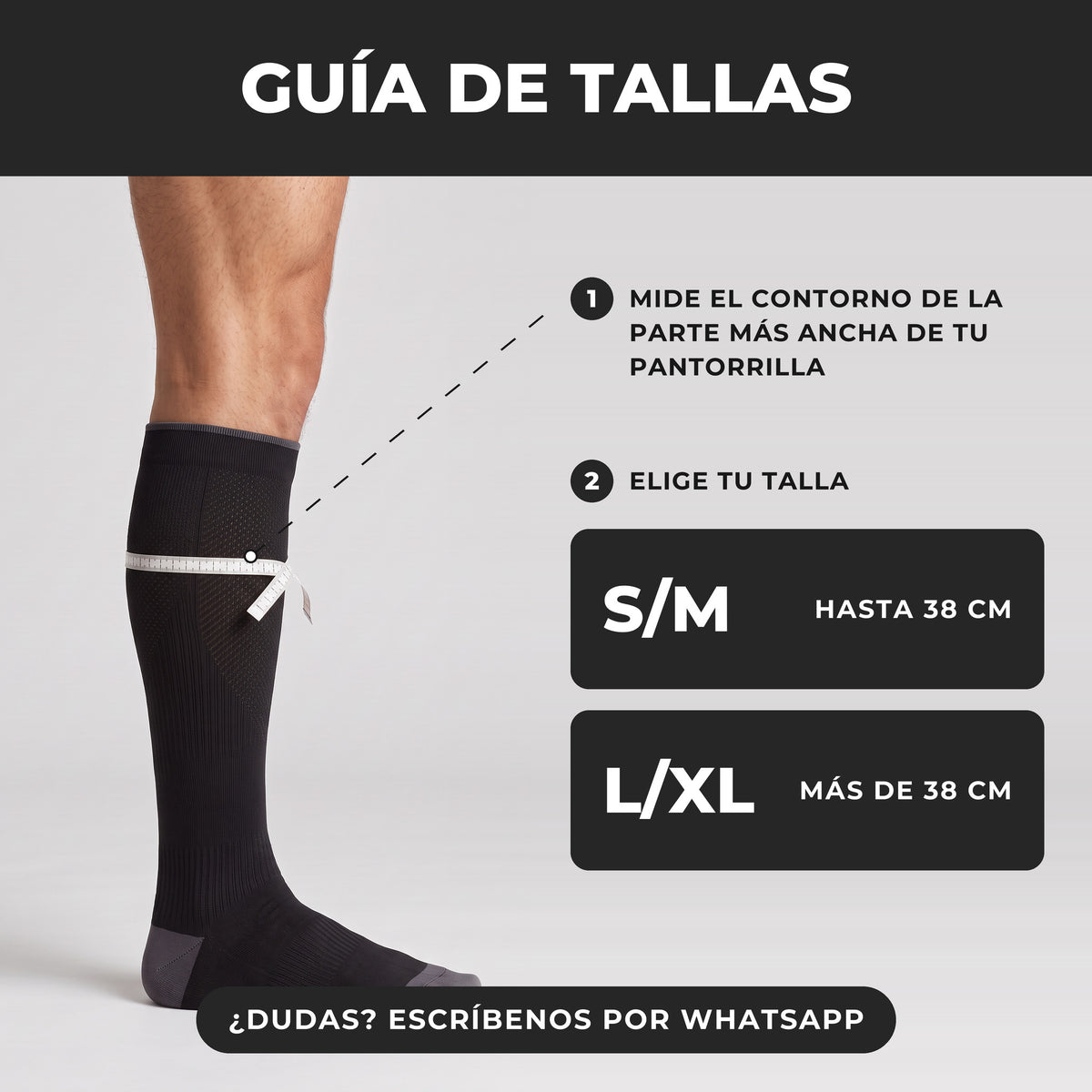 Guía de tallas de la media de compresión deportiva 15-20 mmHg: S/M hasta 38 cm de pantorrilla, L/XL más de 38 cm