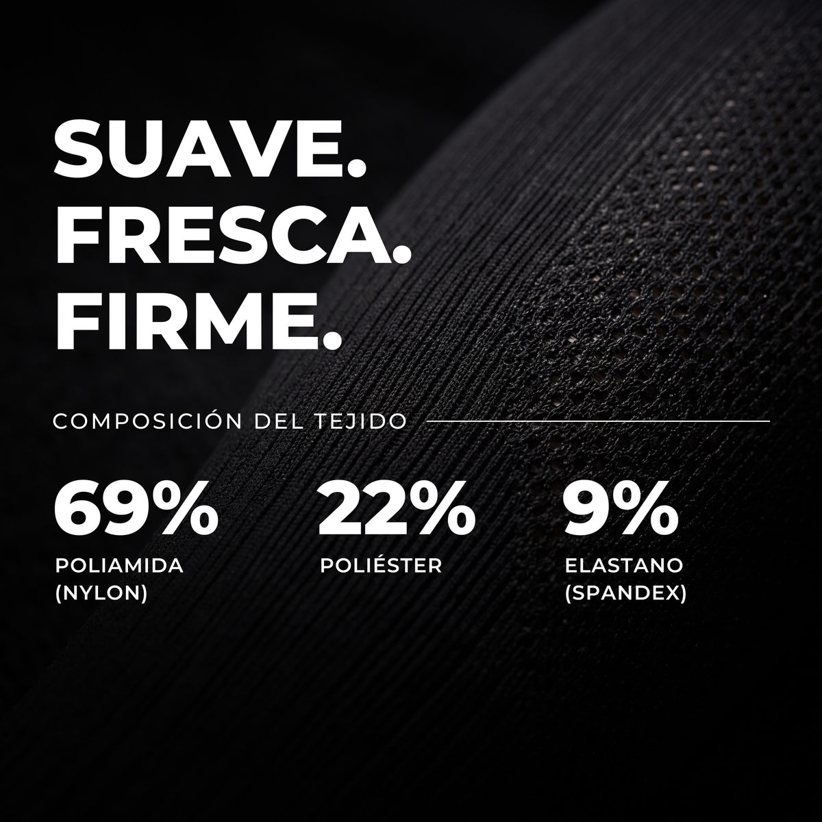 Media de compresión deportiva 15-20 mmHg: 69% poliamida, 22% poliéster, 9% elastano